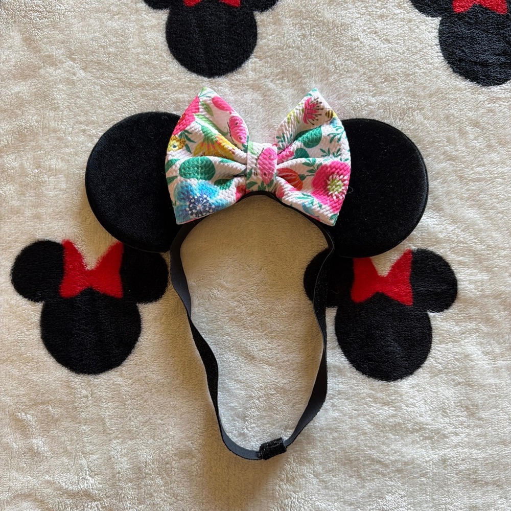 Black Velvet Mouse Ears Headband Floral Bow Disney Inspired - U720